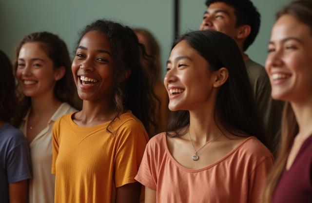 Grupo de alunos interagindo e sorrindo durante um exercício de teatro em grupo.
