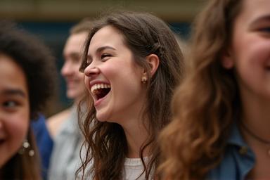 Alunos rindo e se divertindo durante um exercício descontraído em aula.