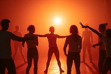 Grupo de alunos engajados em um exercício de improvisação cênica.