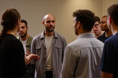 Um instrutor demonstrando uma técnica específica de atuação para os alunos.