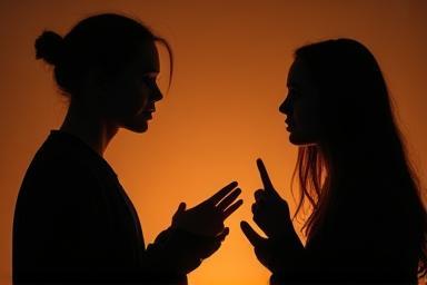 Dois alunos ensaiando intensamente uma cena de teatro, trocando falas.