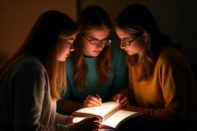 Pequeno grupo de alunos lendo um texto teatral juntos.