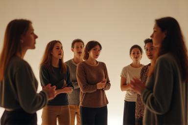 Um grupo praticando exercícios vocais para projeção e articulação em harmonia.