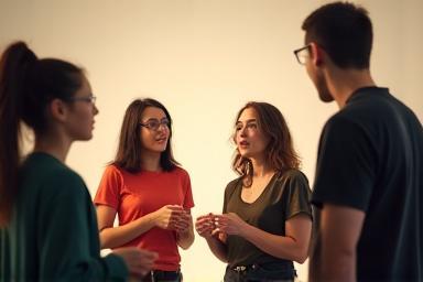 Alunos praticando técnicas de atuação em sala de aula.