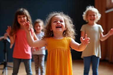 Crianças brincando e se divertindo em uma aula de teatro infantil.
