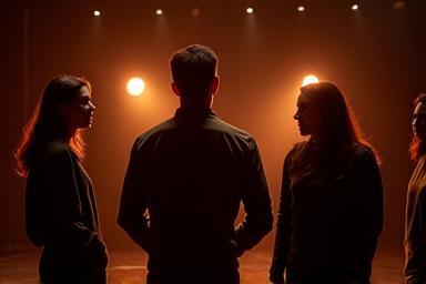 Grupo de pessoas ensaiando uma cena de teatro em conjunto.