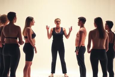 Um instrutor orientando alunos em um exercício de treinamento de voz e movimento.